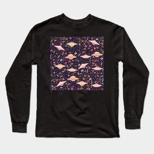 Pink UFO Pattern with stars and crystals Long Sleeve T-Shirt